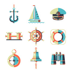 Obraz na płótnie Canvas Sea walks on the yacht. The rest of the sea. Yacht, compass, binoculars, lighthouse, ship's bell, ships wheel, compass, cap, captain, life buoy. Vector set icons.