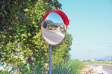 Convex mirror with the road and green fields reflected with plants behind