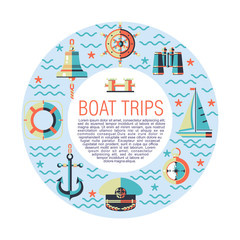 Naklejka premium The concept of Maritime. Vector icons arranged in a circle. Riding on a sailing yacht. Anchor, compass, binoculars, ship's wheel, ship bell, captain's cap, lifebuoy.