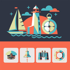 Fototapeta na wymiar Vector illustration in flat style. Sailing boat, lighthouse, compass. Rectangular vector icons captain cap, binocular, ship bell, lifebuoy.