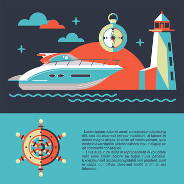 Sea walks on the yacht. The rest of the sea. Yacht, compass, lighthouse, ship, ship wheel, Vector illustration.