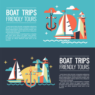 Set of banners. Illustration in a flat style, traveling on a yacht.