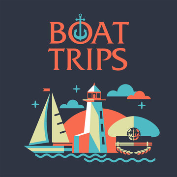 The concept of travel on a yacht. The rest of the sea. Illustration in flat style. Boat trips.