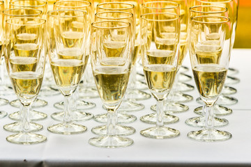Many glasses of champagne on white table