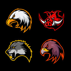 Furious boar, wolf, panther and eagle head sport vector logo concept set isolated on black background.
