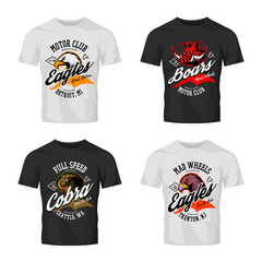 Vintage furious eagle, boar, cobra bikers club tee print vector design isolated on t-shirt mockup.