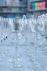 Close up empty wine glasses in the shopping mall. Bali island, Indonesia.