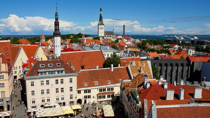 Fototapeta premium Blick vom Rathausturm in Tallinn auf Altstadt und Kirchtürme bei herrlichem Sonnenschein