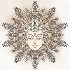 Buddha face in ornate mandala round pattern over beige vintage background. Esoteric vintage vector illustration. Indian, Buddhism, spiritual art.