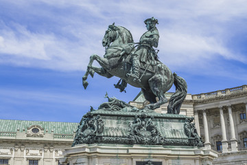 Fototapeta na wymiar A statue outside the Hofburg Complex (Imperial Palace) depicts Prince Eugene of Savoy astride a rampant horse, Vienna, Austria