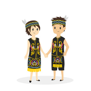 Indonesia - Dayak couple wearing traditional dress vector illustration