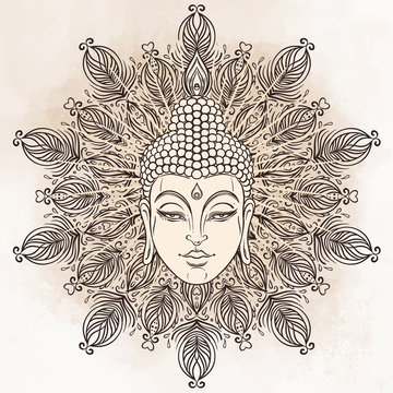 Buddha face in ornate mandala round pattern over beige vintage background. Esoteric vintage vector illustration. Indian, Buddhism, spiritual art.