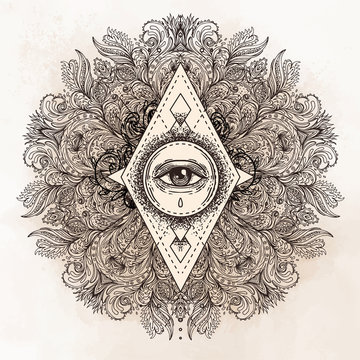 All seeing eye in ornate round mandala pattern. Mystic, alchemy, occult concept. Design for music cover, t-shirt , boho poster, flyer. Astrology, shamanism, religion.