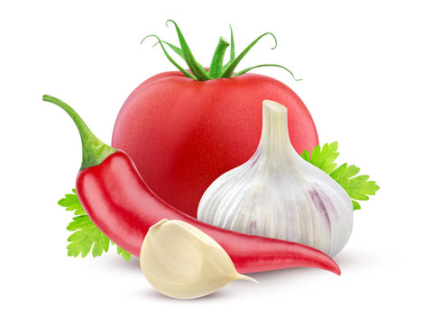 Tomato, garlic and chili pepper isolated on white background
