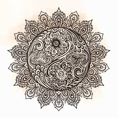 Yin and yang decorative symbol. Hand drawn vintage style design element. Alchemy, spirituality, occultism, textiles art. Vector illustration for t-shirt print