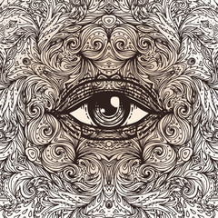 All seeing eye in ornate round mandala pattern. Mystic, alchemy, occult concept. Design for music cover, t-shirt , boho poster, flyer. Astrology, shamanism, religion.