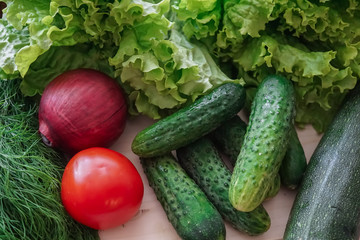 Beautiful green greens with cucumbers and red tomato and onions.