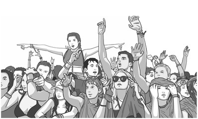 Illustration of festival crowd partying in the rain in grey scale
