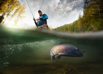 Wall murals Fishing Fishing. Fisherman and trout, underwater view