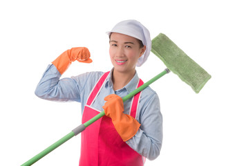 confidence successful young housewife standing and holding mop ready for cleaning services. isolated on white background.