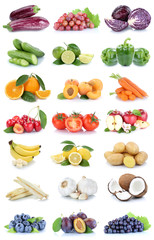 Obst und Gemüse Früchte Apfel Tomaten Bananen Orangen Zitrone Beeren Farben Collage Freisteller freigestellt isoliert