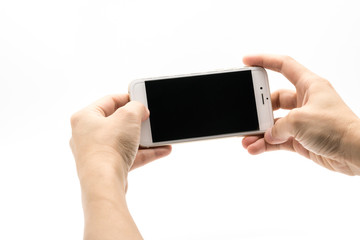 Female hand holding white cellphone with black screen