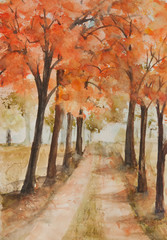 Landscape of autumn tree and local road, watercolor hand paint in impressionism style