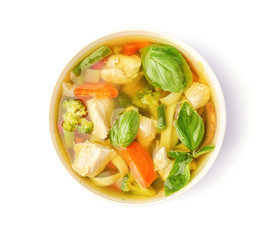 Bowl with delicious turkey soup, isolated on white