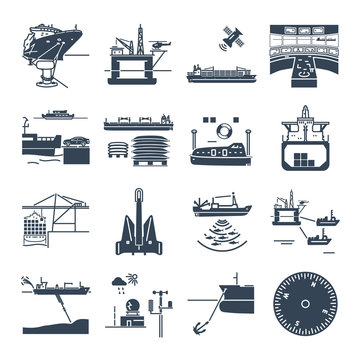 set of black icons water transport and sea port, oil platform, dry cargo ship, bulk carrier