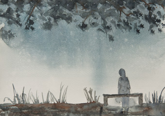 Alone woman sitting on bench on night with dark sky and many stars, watercolor in impressionism style, lonely night - 166106238
