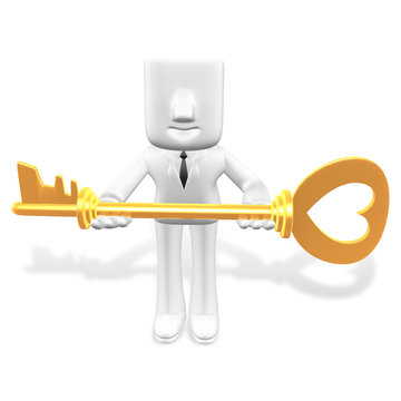 3d business man showing up the gold key on his hand