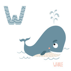 Vector cute kids animal alphabet. Letter W for Whale