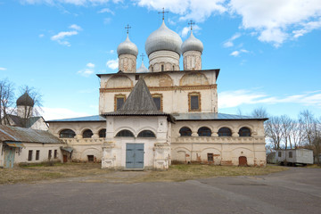 Ancient Znamensky Cathedral in Veliky Novgorod on a sunny April day. Russia