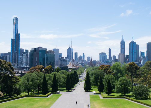Melbourne's city skyline from the viewing terrace of the Shrine of Remembrance