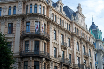 Fototapeta na wymiar Art Nouveau architecture on a building facade in Riga, Latvia