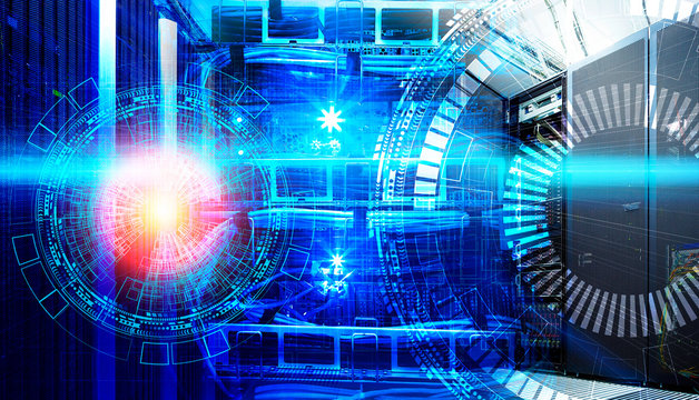 Concept of big data information technology. Servers and cables of modern data center with holograms technological background