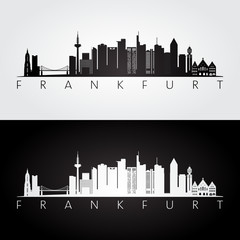 Frankfurt skyline and landmarks silhouette, black and white design, vector illustration. - obrazy, fototapety, plakaty