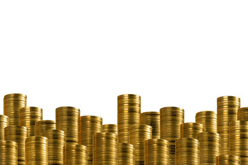 Rows of golden coins isolated on white. lower decoration with money.