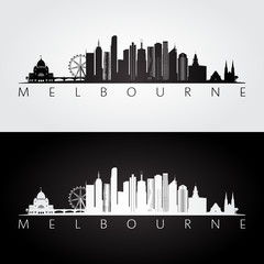 Naklejka premium Melbourne skyline i zabytki sylwetka, czarno-biały design, ilustracji wektorowych.