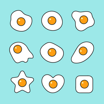 collection of fried egg in many shape, flat cartoon design vector illustration.