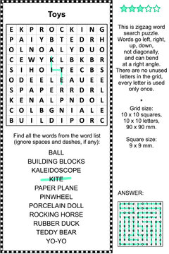 Toys and games themed zigzag word search puzzle (suitable both for kids and adults). Answer included.

