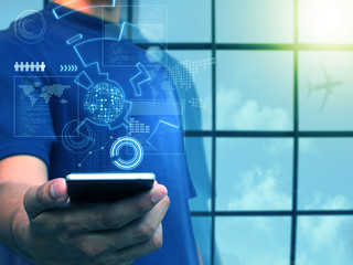 Hand holding smart phone ,business technology concept