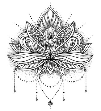 Vector ornamental Lotus flower, ethnic art, patterned Indian paisley. Hand drawn illustration. Invitation element.