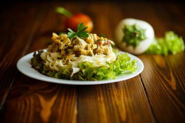 Boiled home-made noodles with gravy from eggplant