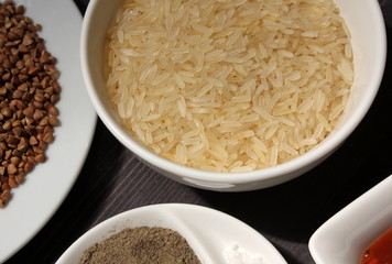 Rice buckwheat sauce  salt and pepper