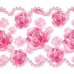 Floral seamless pattern. Watercolor background with pink roses and pearls 1