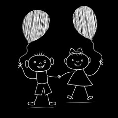 Cartoon stickman boy and girl with balloons on chalkboard