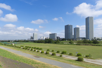 Obraz premium 東京風景 等々力から望む多摩川 尾山台 田園調布方面 7月 青空と緑
