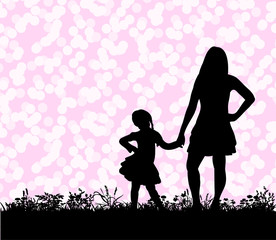 Fototapeta na wymiar Vector, silhouette of a child and mom holding hands