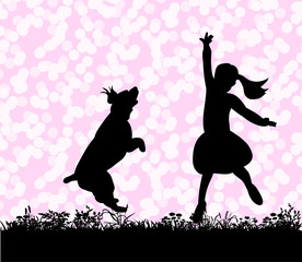 Vector, silhouette of a child playing with a dog, jumping
